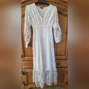 BOSTON PROPER Mixed Media Lace Overlay MAXI Dress WHITE Boho Women's Size Small
